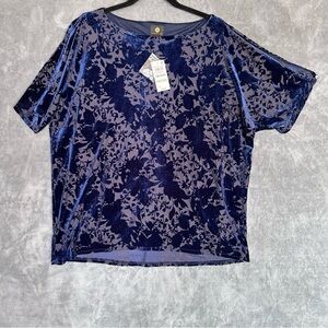 Velvet Burnout Sheer Slit Sleeve Rhinestone Flowy Boat Neck Navy Blue Top Sz M